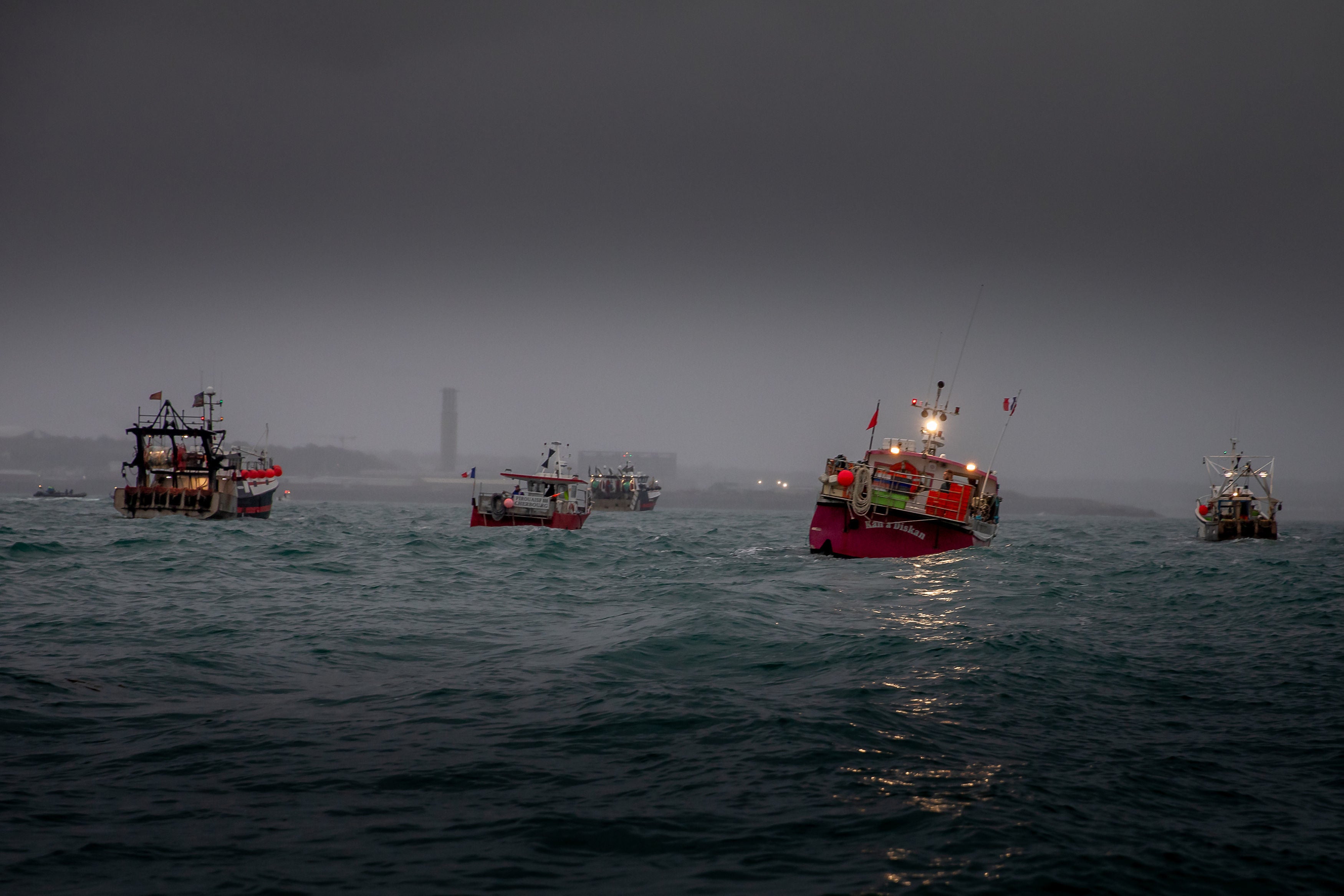<p>French fishing vessels stage a protest at St Helier</p>